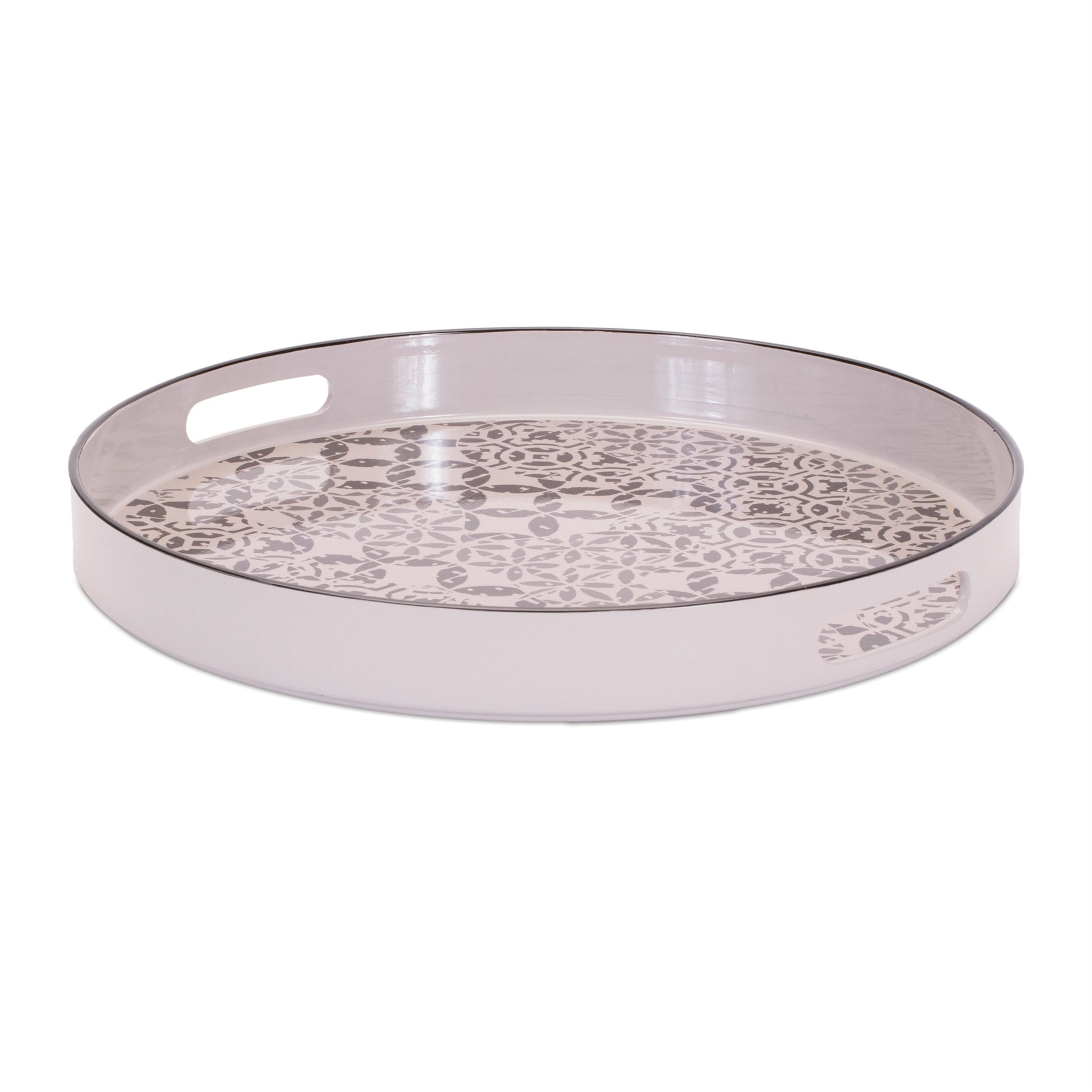 14" Cream And Gray Geometric Pad Print Round Serving Tray With Handles-3