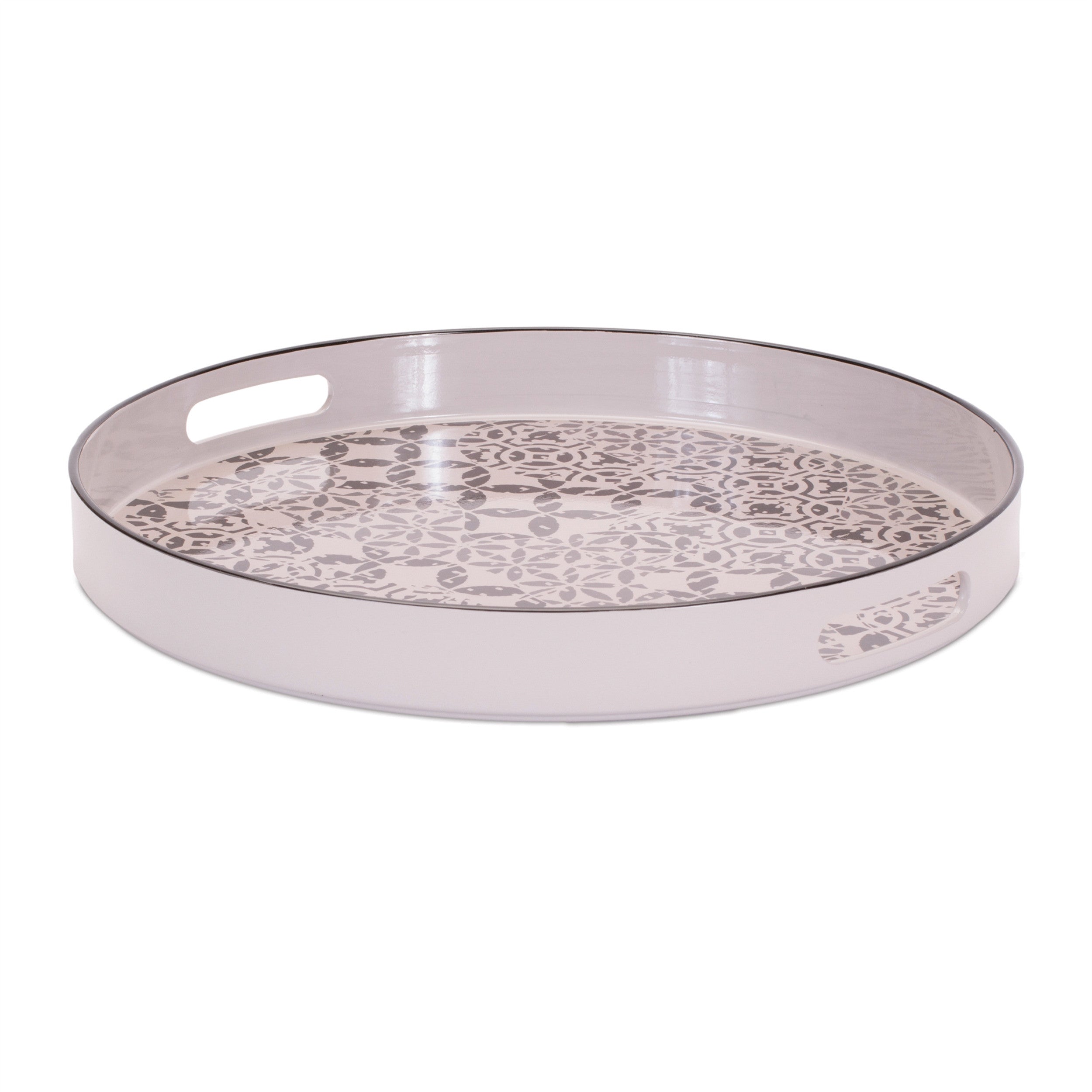14" Cream And Gray Geometric Pad Print Round Serving Tray With Handles-3
