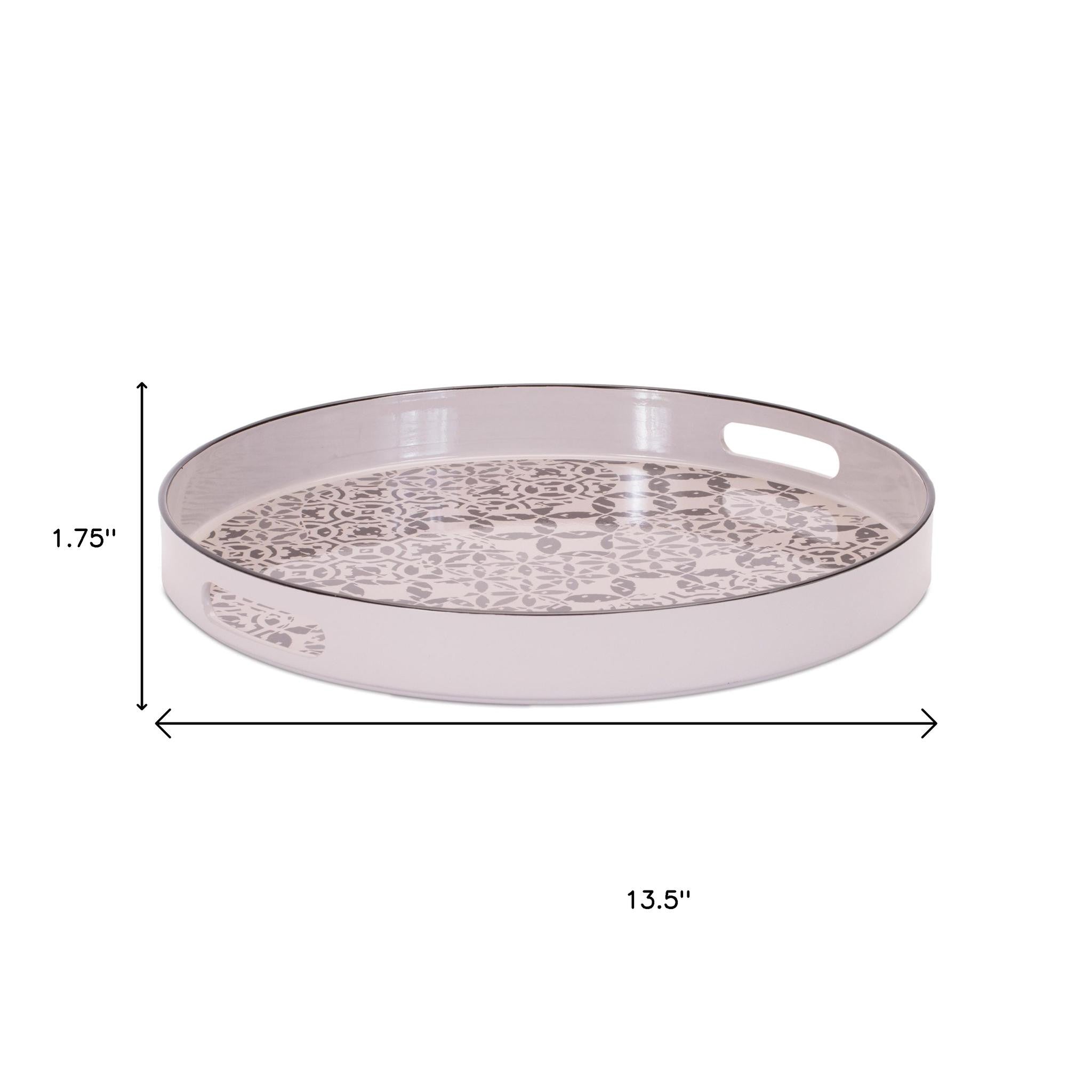 14" Cream And Gray Geometric Pad Print Round Serving Tray With Handles-4
