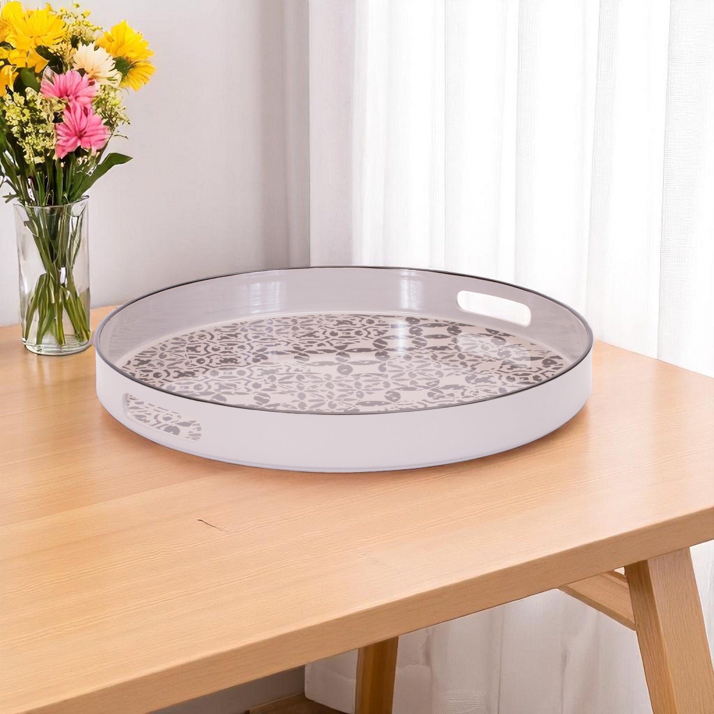 14" Cream And Gray Geometric Pad Print Round Serving Tray With Handles-0
