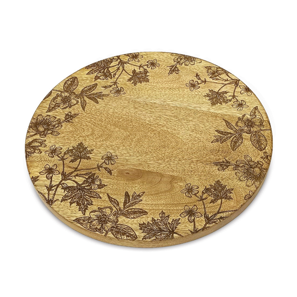 Set of Two 12" Brown Solid Wood Floral Round Serving Trays-1