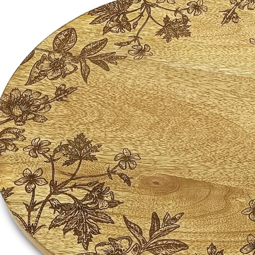 Set of Two 12" Brown Solid Wood Floral Round Serving Trays-2