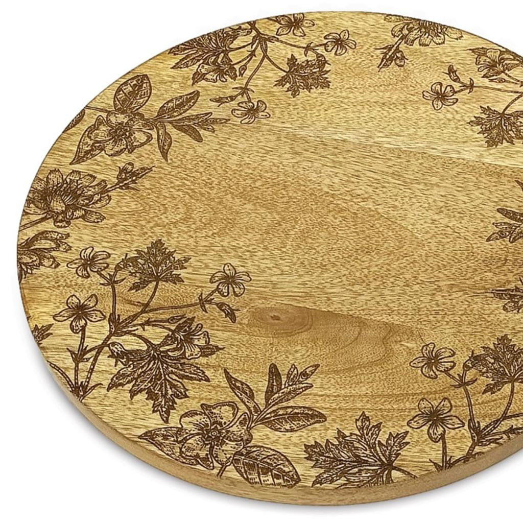 Set of Two 12" Brown Solid Wood Floral Round Serving Trays-3