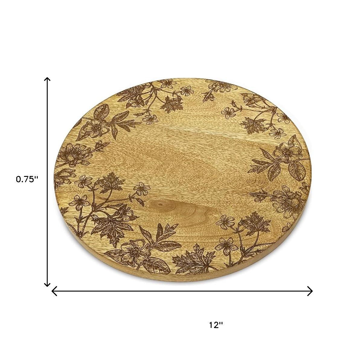 Set of Two 12" Brown Solid Wood Floral Round Serving Trays-4