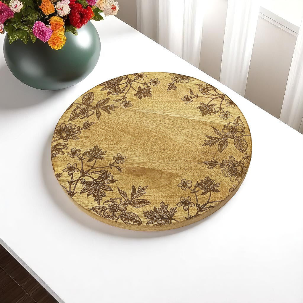 Set of Two 12" Brown Solid Wood Floral Round Serving Trays-0