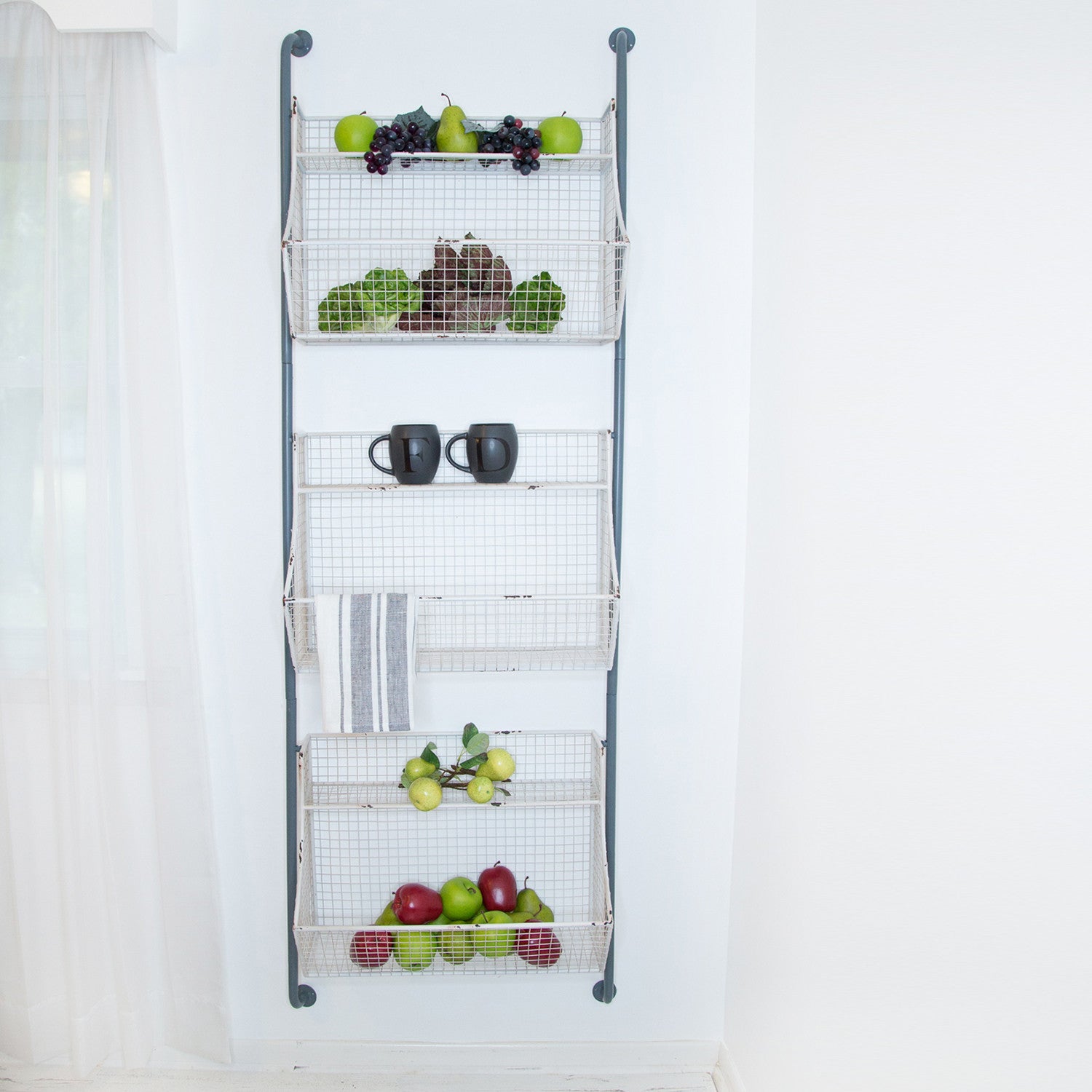 24" White And Gray Metal Baskets Wall Mounted Cubby Shelf-Wall Mounted Shelves-DECOROLALA