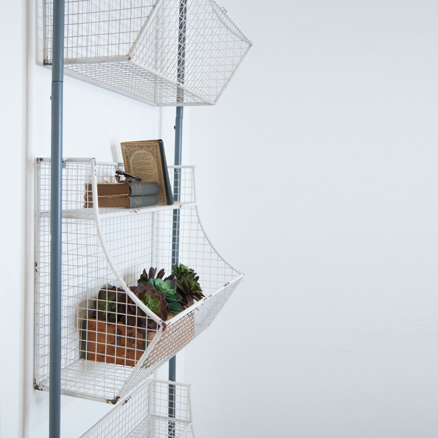 24" White And Gray Metal Baskets Wall Mounted Cubby Shelf-Wall Mounted Shelves-DECOROLALA