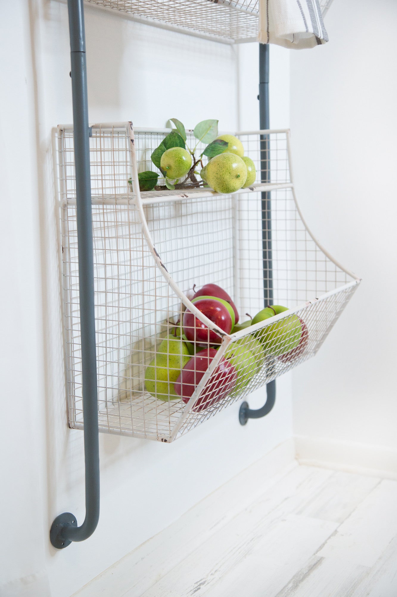 24" White And Gray Metal Baskets Wall Mounted Cubby Shelf-Wall Mounted Shelves-DECOROLALA