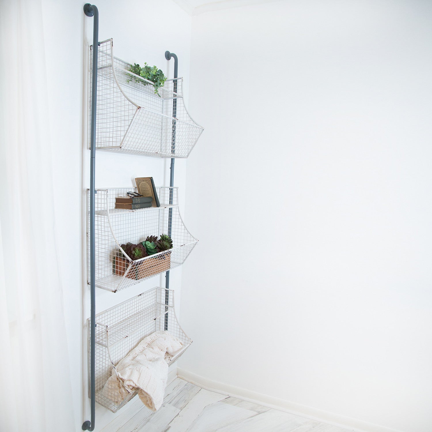 24" White And Gray Metal Baskets Wall Mounted Cubby Shelf-Wall Mounted Shelves-DECOROLALA