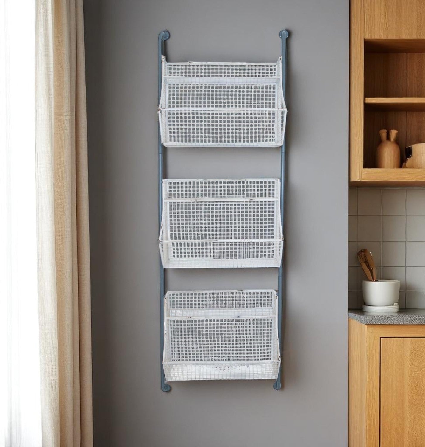 24" White And Gray Metal Baskets Wall Mounted Cubby Shelf-Wall Mounted Shelves-DECOROLALA