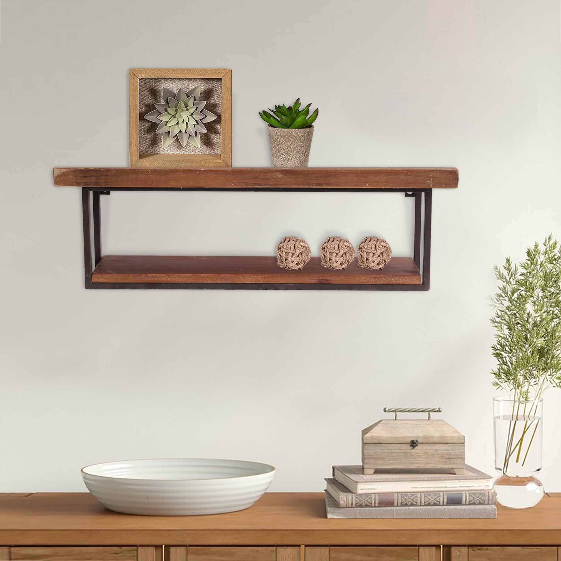 36" Set Of Two Black And Brown Wood And Metal Two Level Accent Shelf-Wall Mounted Shelves-DECOROLALA