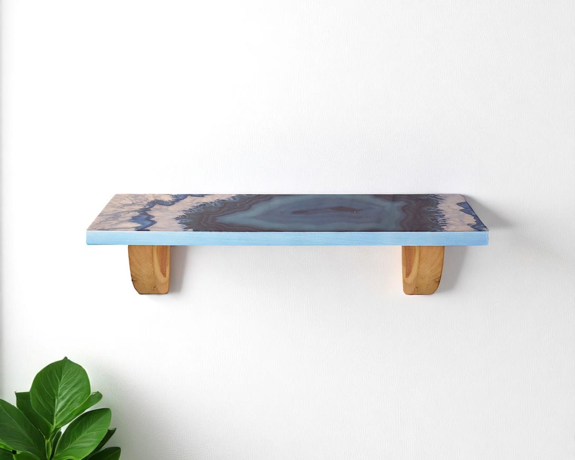 36" Blue And Natural Wood Agate Pattern Wall Mount Accent Shelf-Wall Mounted Shelves-DECOROLALA