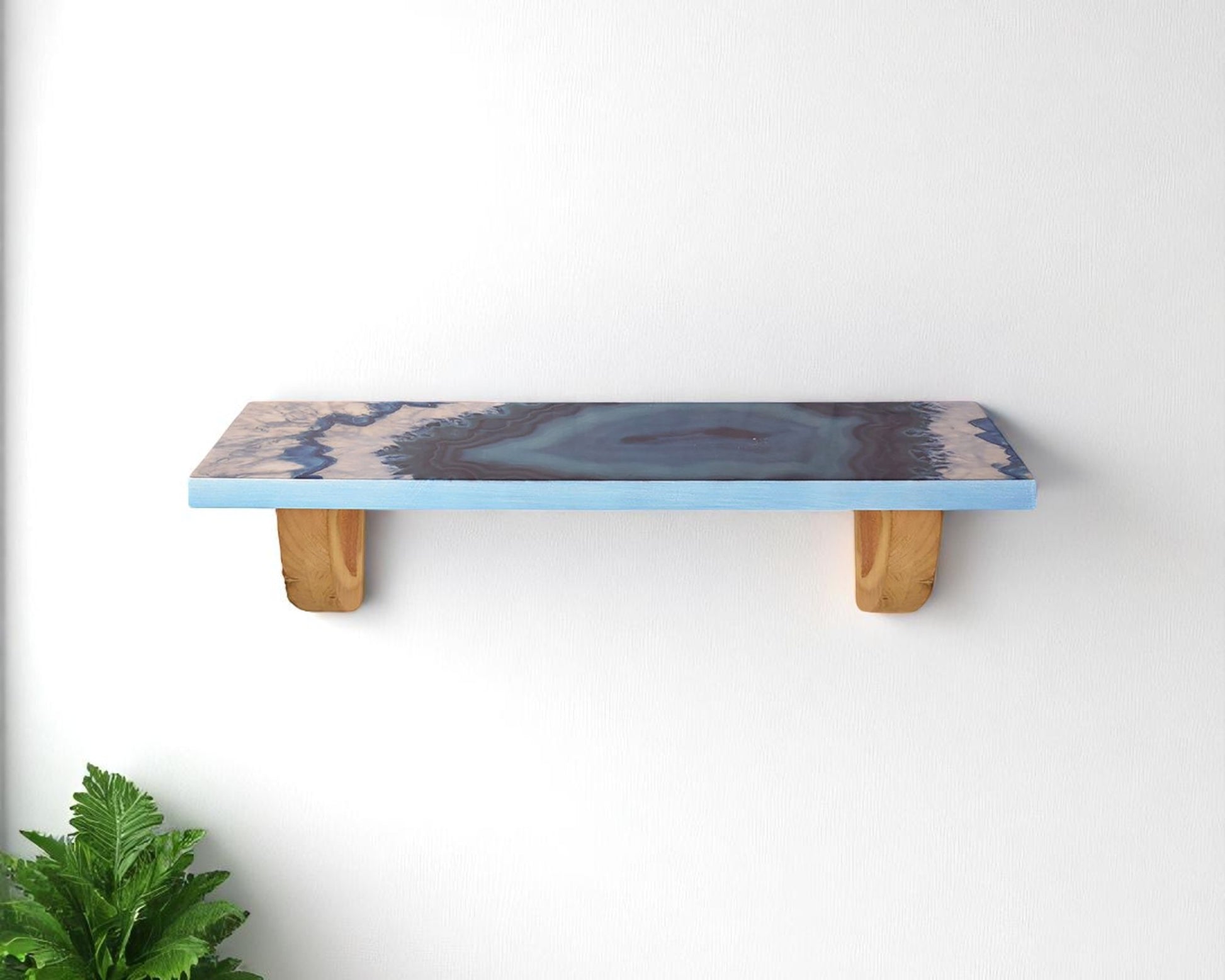 24" Blue And Natural Wood Agate Pattern Wall Mount Accent Shelf-Wall Mounted Shelves-DECOROLALA