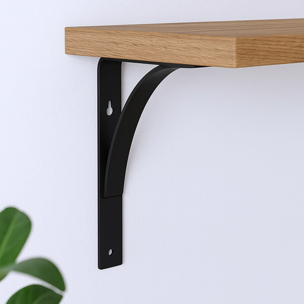 8" Set Of Two Black Curved Metal Wall Mounted Shelf Brackets-Wall Mounted Shelves-DECOROLALA