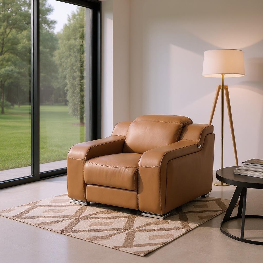 41" Chestnut Italian Leather Wall Hugger Recliner With USB-Recliners-DECOROLALA