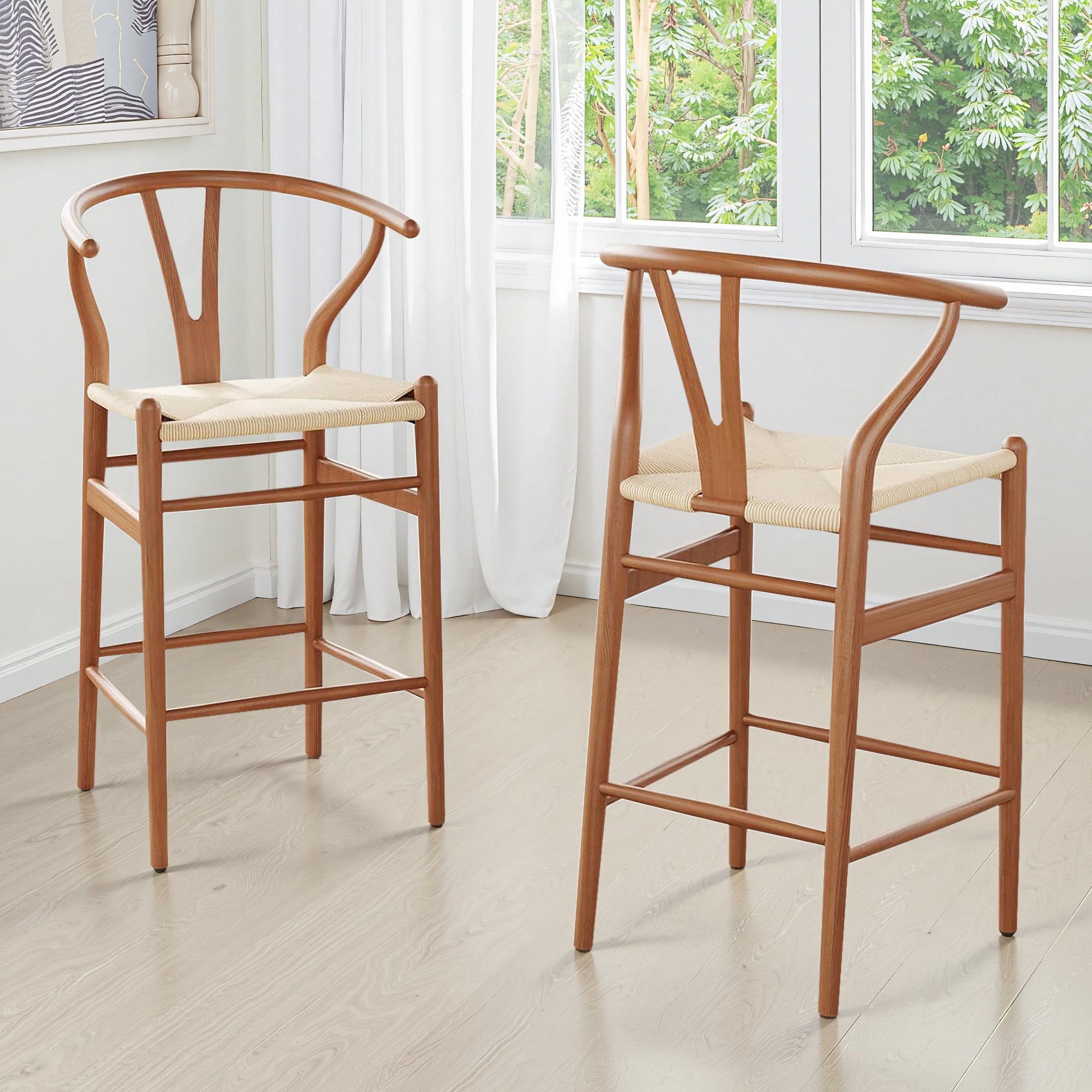 27" Beige and Walnut Solid Wood Counter Height Bar Chair-6