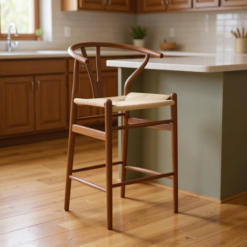 27" Beige and Walnut Solid Wood Counter Height Bar Chair-0