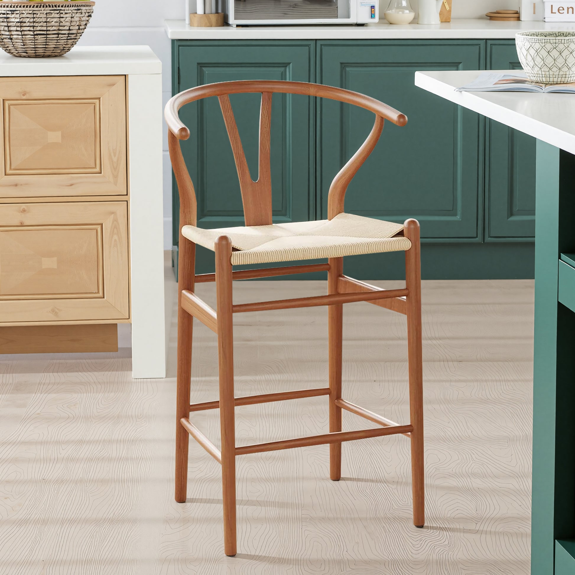 27" Beige and Walnut Solid Wood Counter Height Bar Chair-5