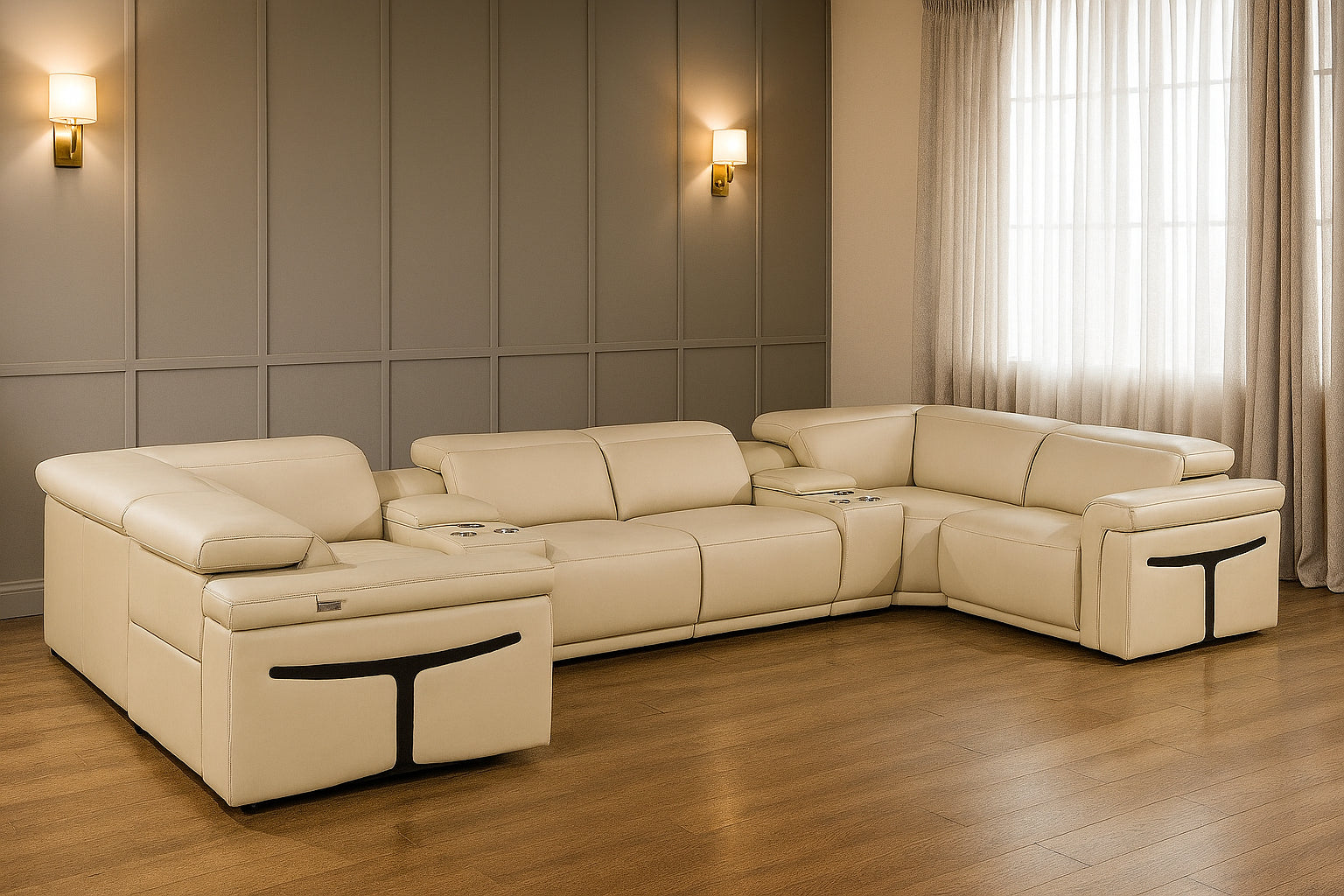 Beige Italian Leather Power Reclining U Shaped Eight Piece Sectional With Console-Sectionals-DECOROLALA