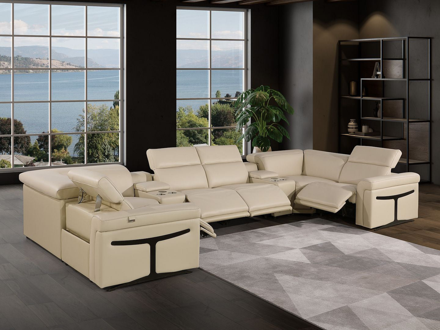 Beige Italian Leather Power Reclining U Shaped Eight Piece Sectional With Console-Sectionals-DECOROLALA