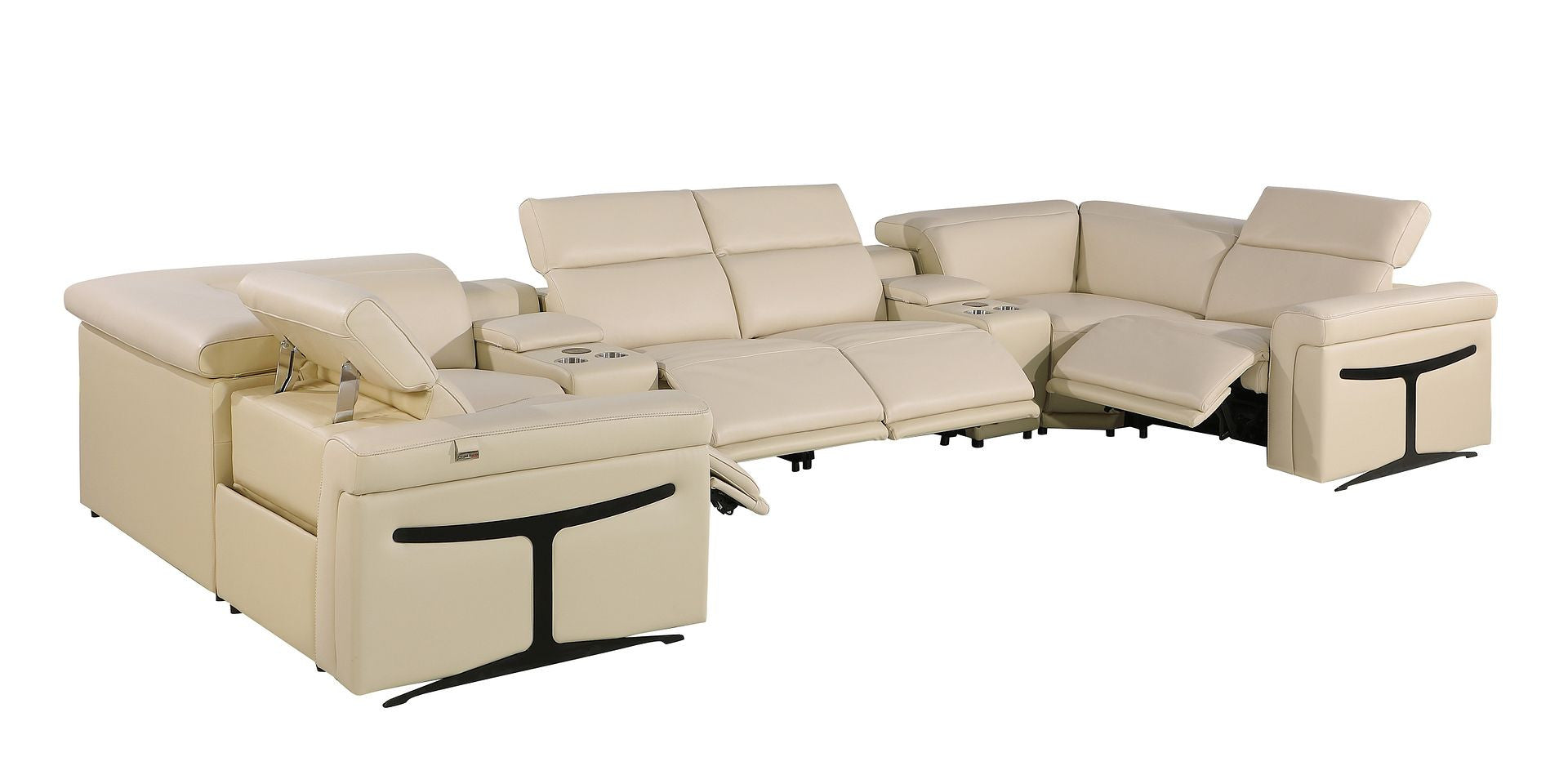 Beige Italian Leather Power Reclining U Shaped Eight Piece Sectional With Console-Sectionals-DECOROLALA
