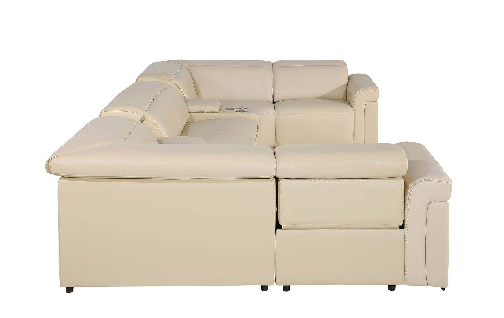Beige Italian Leather Power Reclining U Shaped Eight Piece Sectional With Console-Sectionals-DECOROLALA