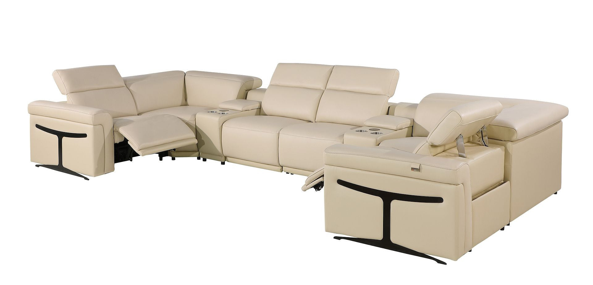 Beige Italian Leather Power Reclining U Shaped Eight Piece Corner Sectional With Console-Sectionals-DECOROLALA