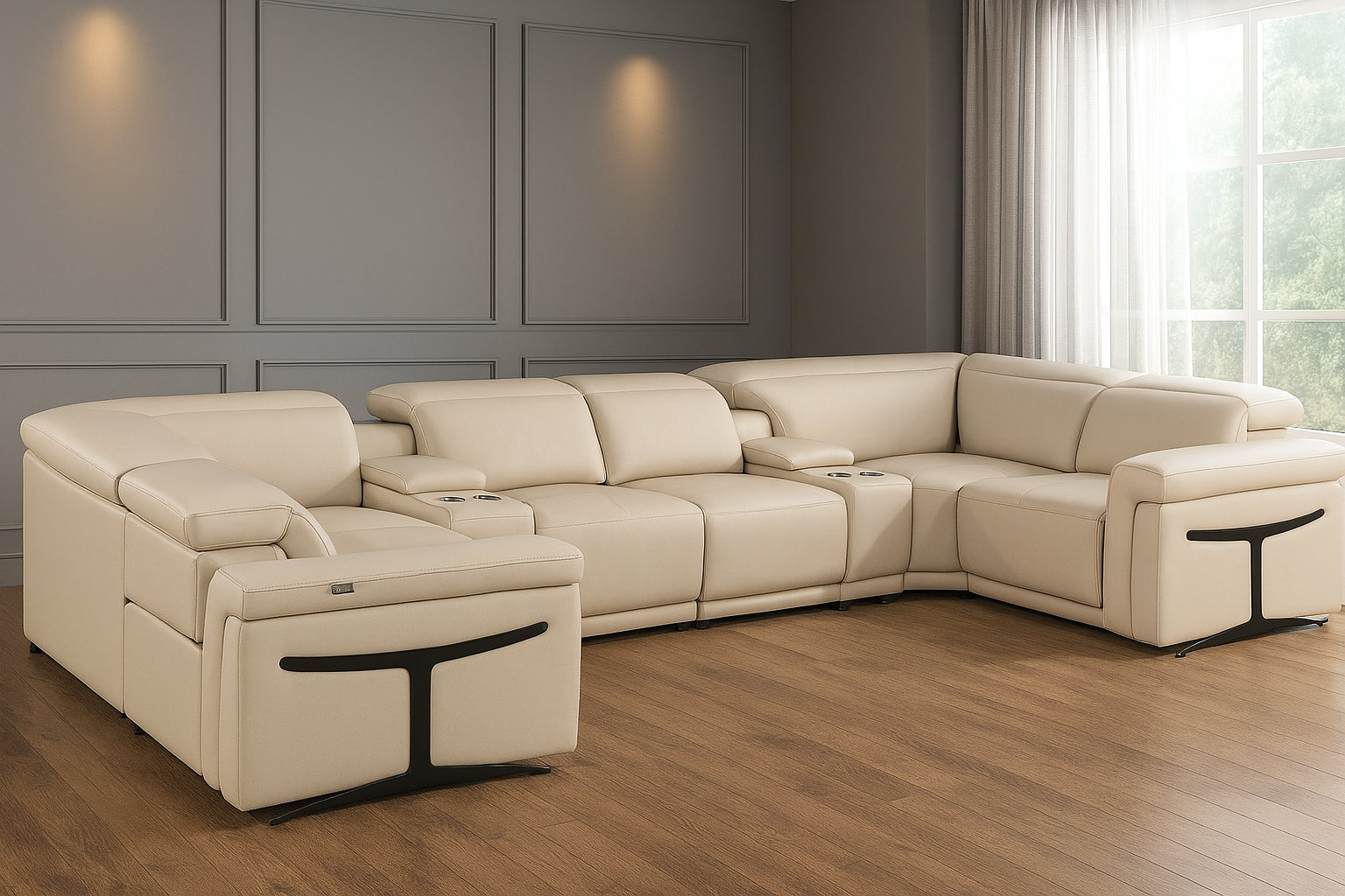 Beige Italian Leather Power Reclining U Shaped Eight Piece Corner Sectional With Console-Sectionals-DECOROLALA