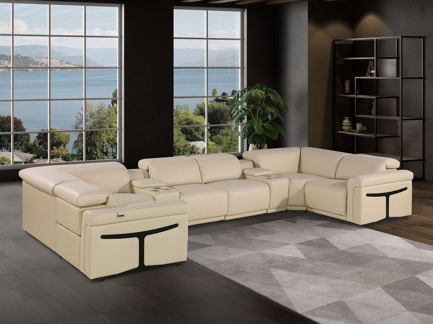 Beige Italian Leather Power Reclining U Shaped Eight Piece Corner Sectional With Console-Sectionals-DECOROLALA