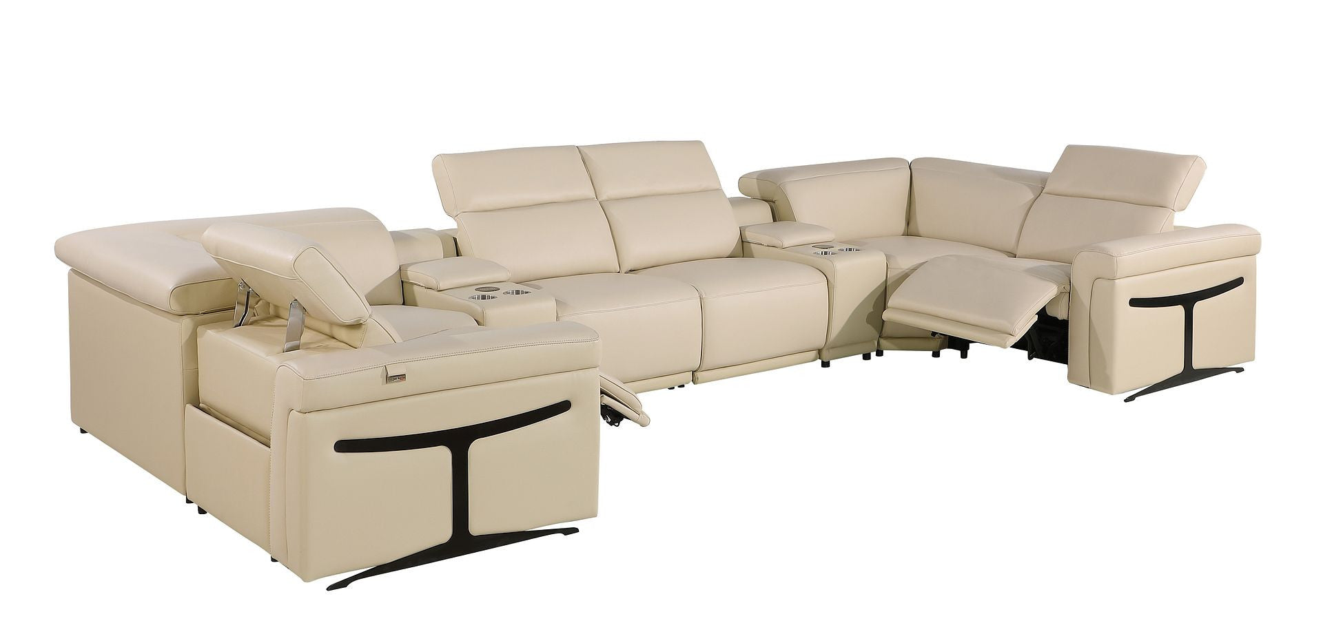 Beige Italian Leather Power Reclining U Shaped Eight Piece Corner Sectional With Console-Sectionals-DECOROLALA