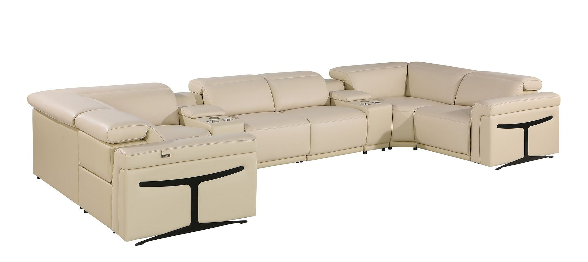 Beige Italian Leather Power Reclining U Shaped Eight Piece Corner Sectional With Console-Sectionals-DECOROLALA