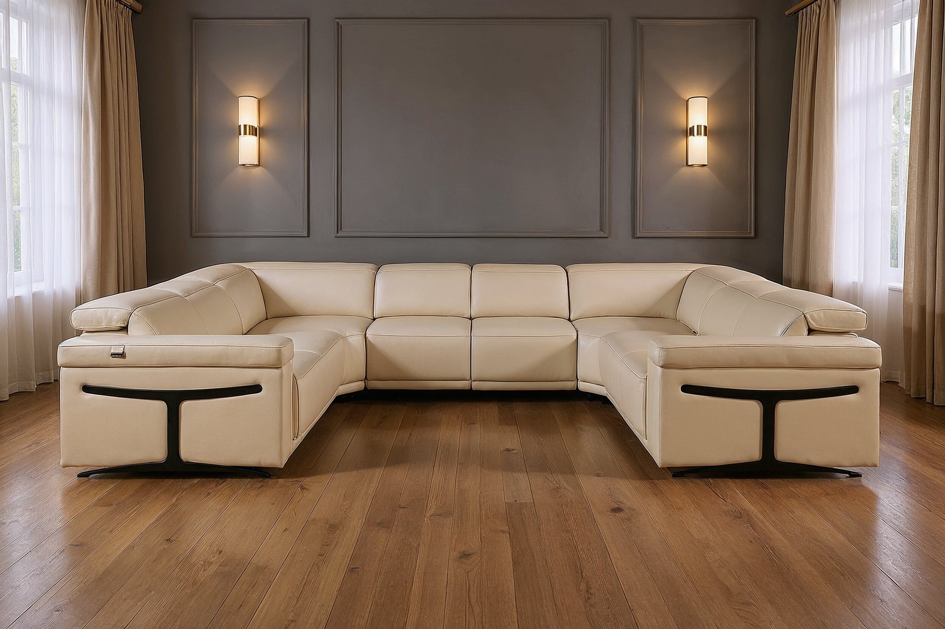 Beige Italian Leather Power Reclining U Shaped Eight Piece Corner Sectional With Console-Sectionals-DECOROLALA