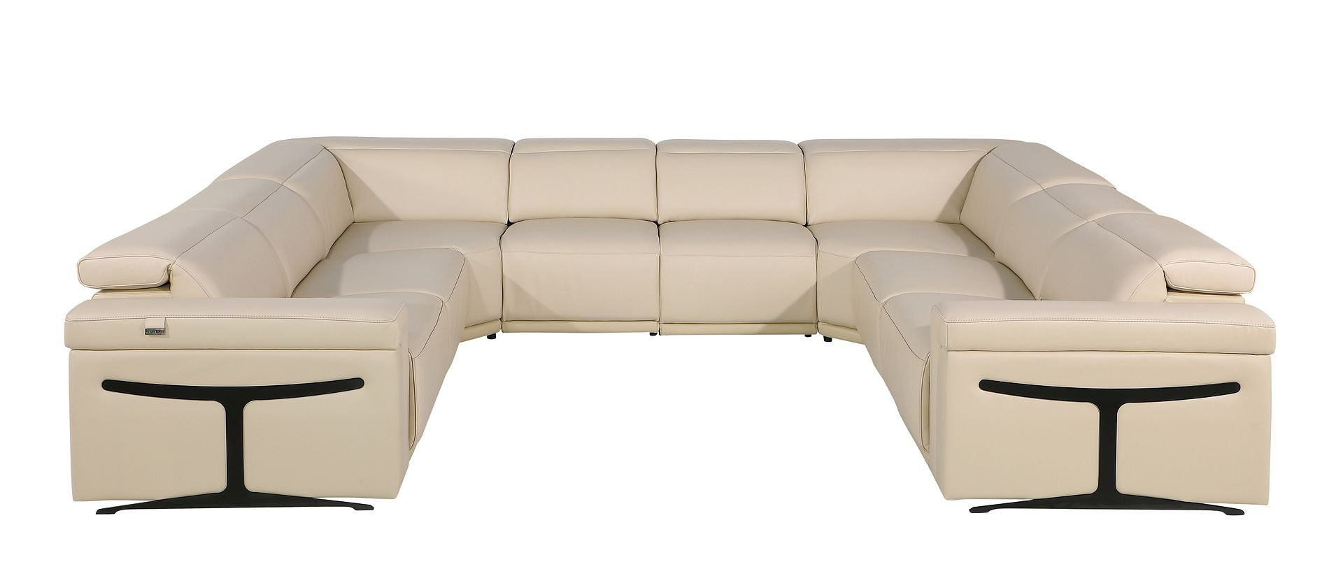 Beige Italian Leather Power Reclining U Shaped Eight Piece Corner Sectional With Console-Sectionals-DECOROLALA