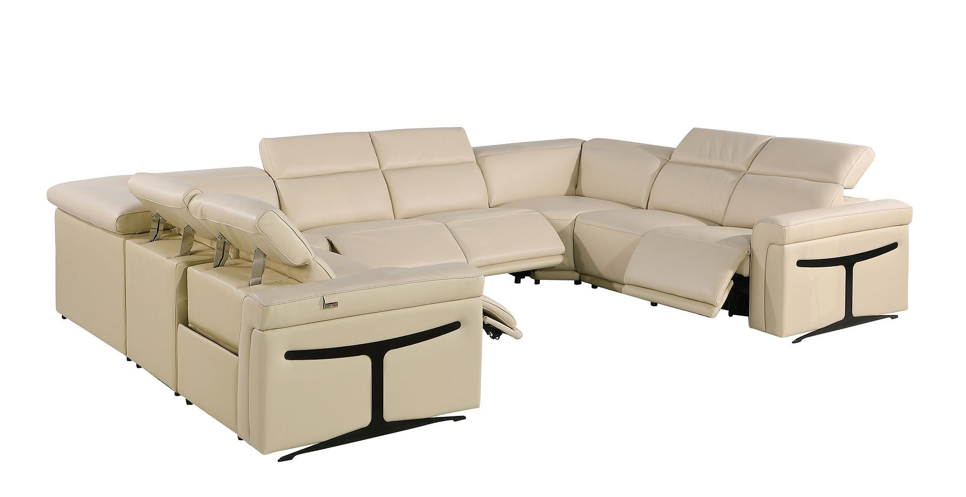 Beige Italian Leather Power Reclining U Shaped Eight Piece Corner Sectional With Console-Sectionals-DECOROLALA