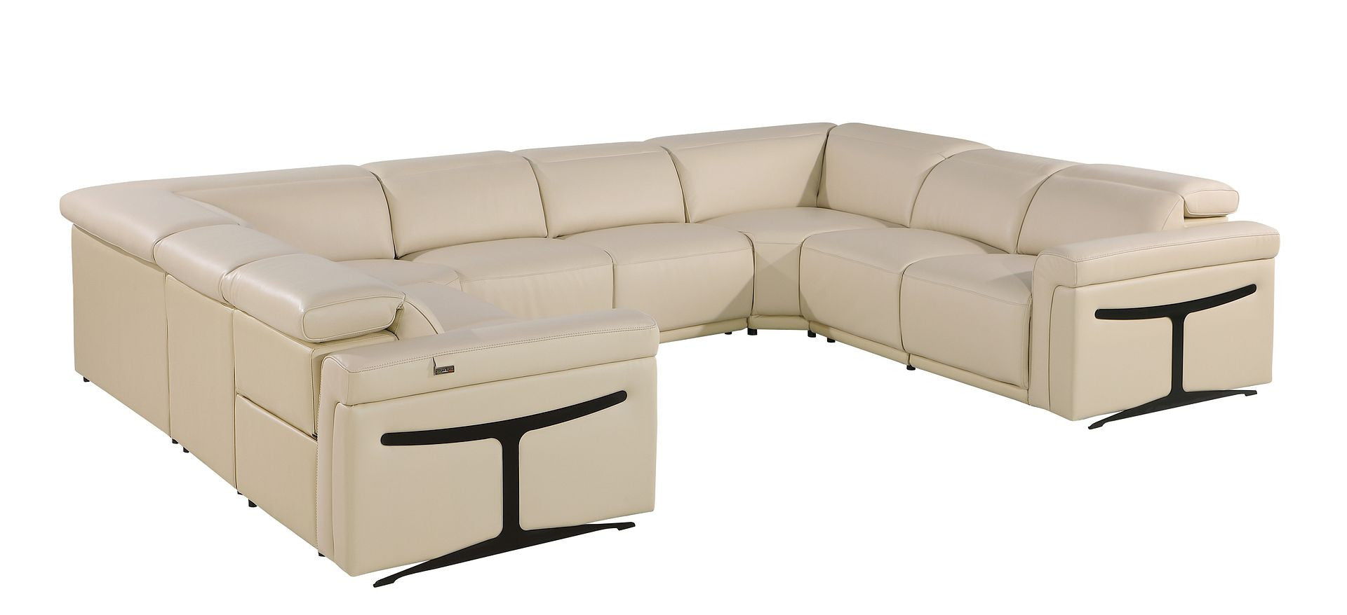 Beige Italian Leather Power Reclining U Shaped Eight Piece Corner Sectional With Console-Sectionals-DECOROLALA