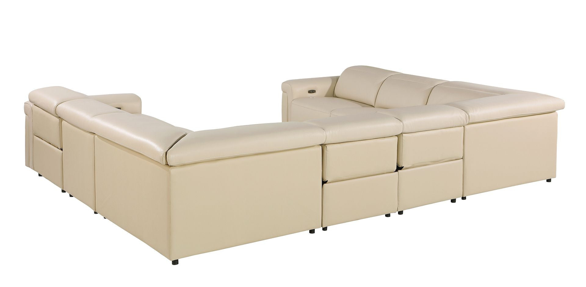 Beige Italian Leather Power Reclining U Shaped Eight Piece Corner Sectional With Console-Sectionals-DECOROLALA