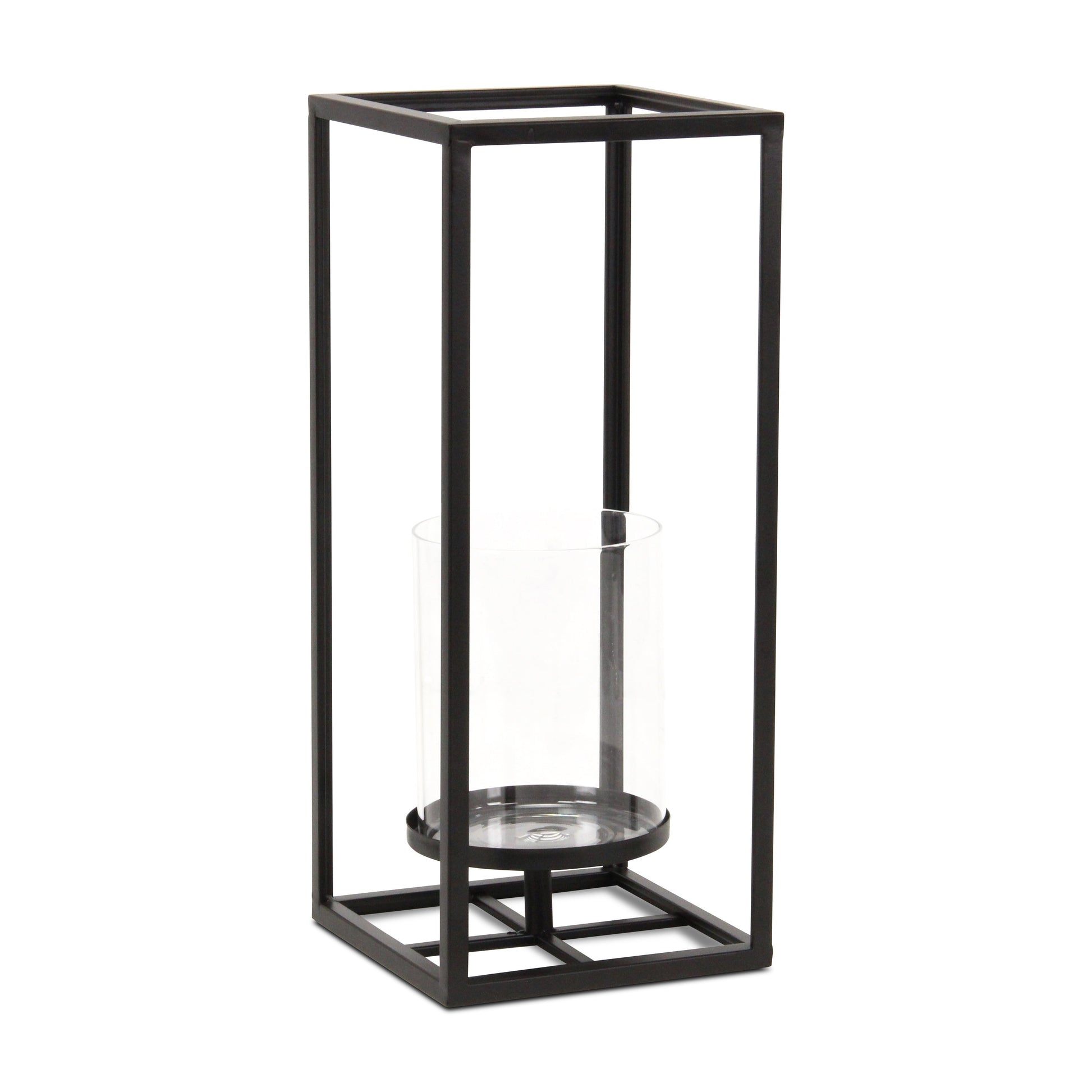 16" Black And Clear Metal And Glass Tabletop Candle Holder-Candle Holders-DECOROLALA