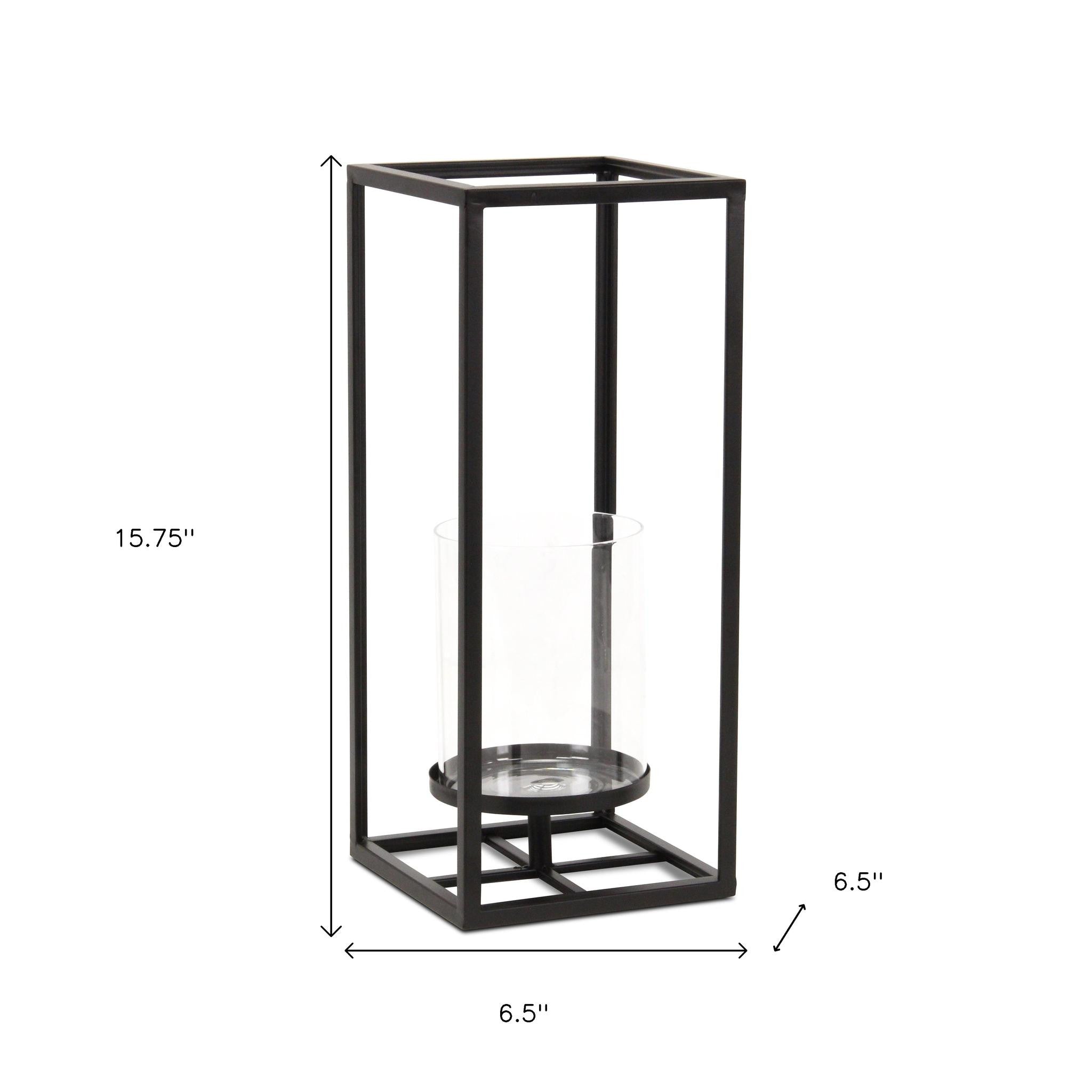 16" Black And Clear Metal And Glass Tabletop Candle Holder-Candle Holders-DECOROLALA