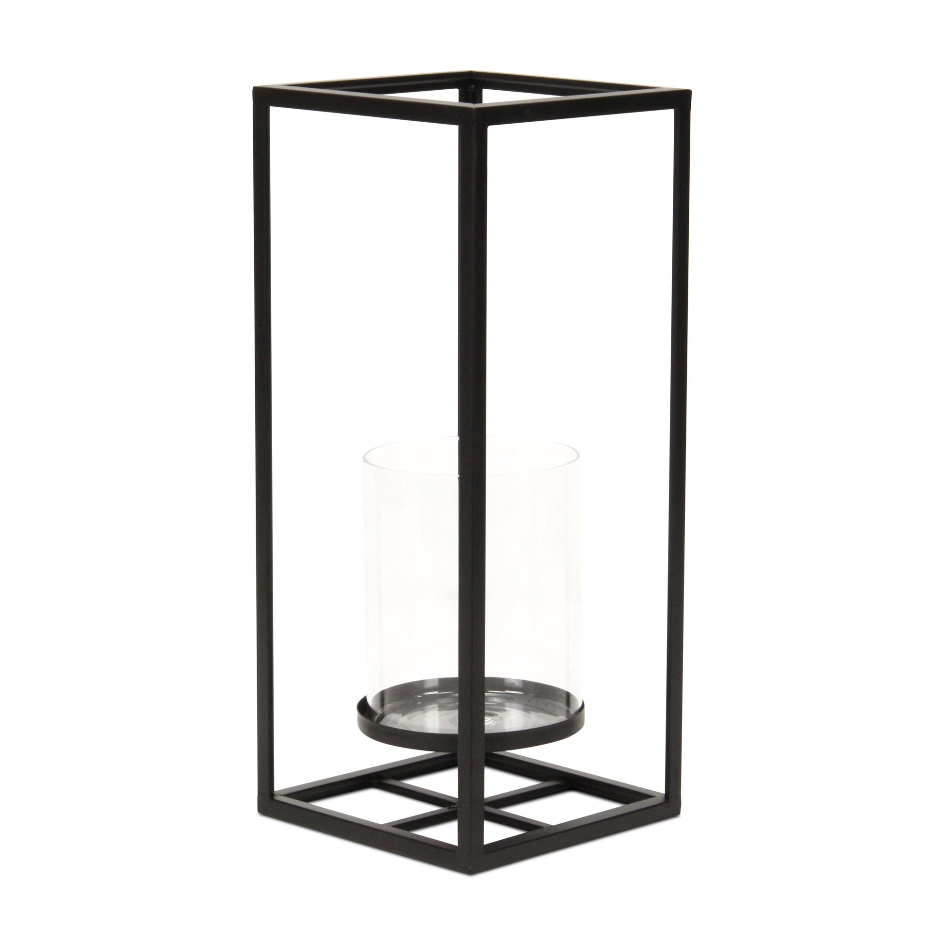 16" Black And Clear Metal And Glass Tabletop Candle Holder-Candle Holders-DECOROLALA
