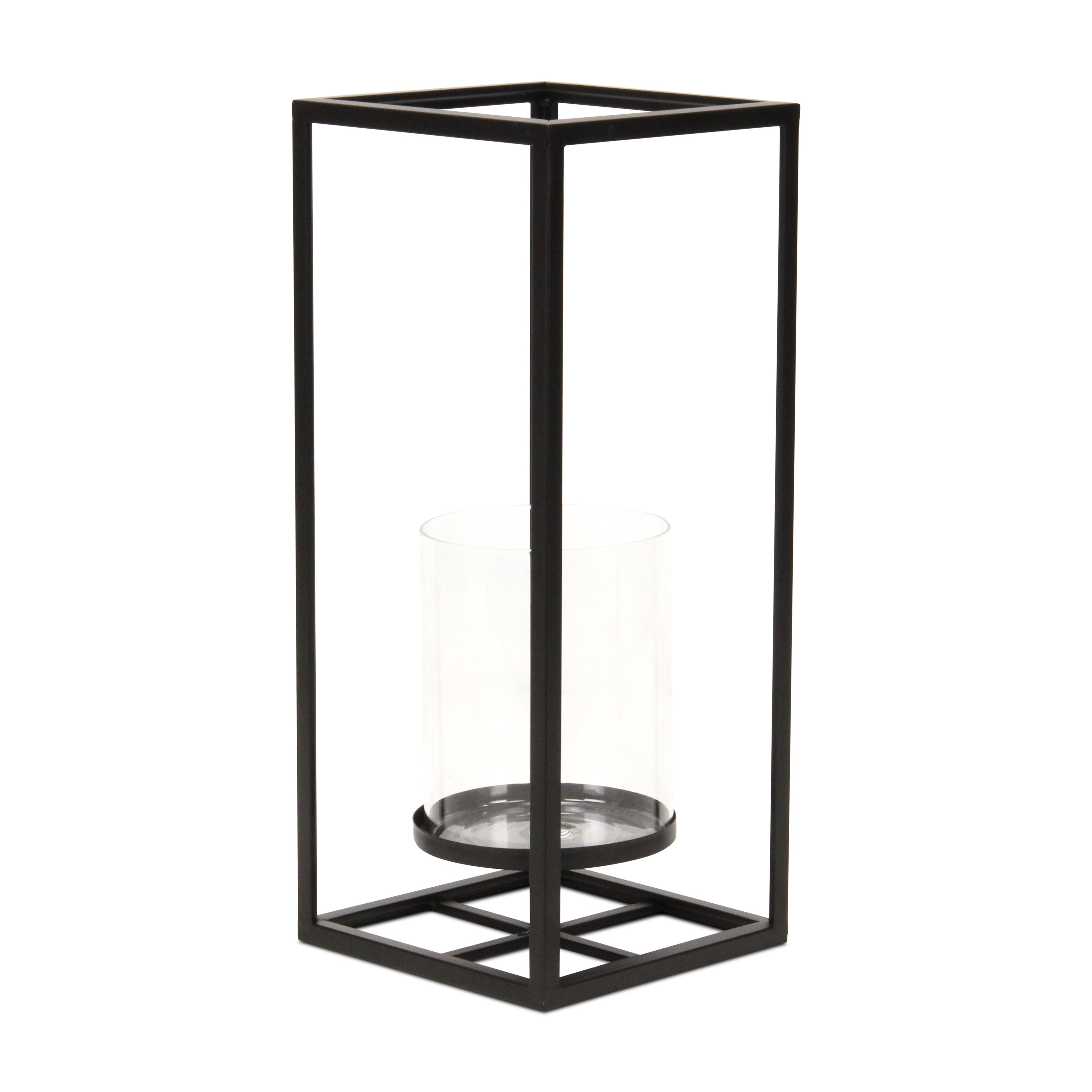 16" Black And Clear Metal And Glass Tabletop Candle Holder-Candle Holders-DECOROLALA