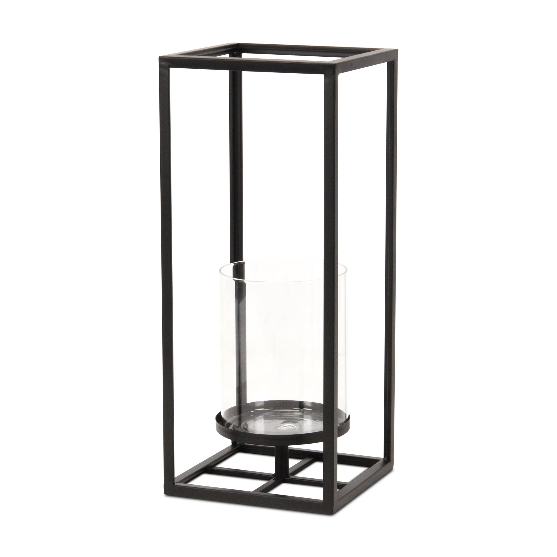 16" Black And Clear Metal And Glass Tabletop Candle Holder-Candle Holders-DECOROLALA