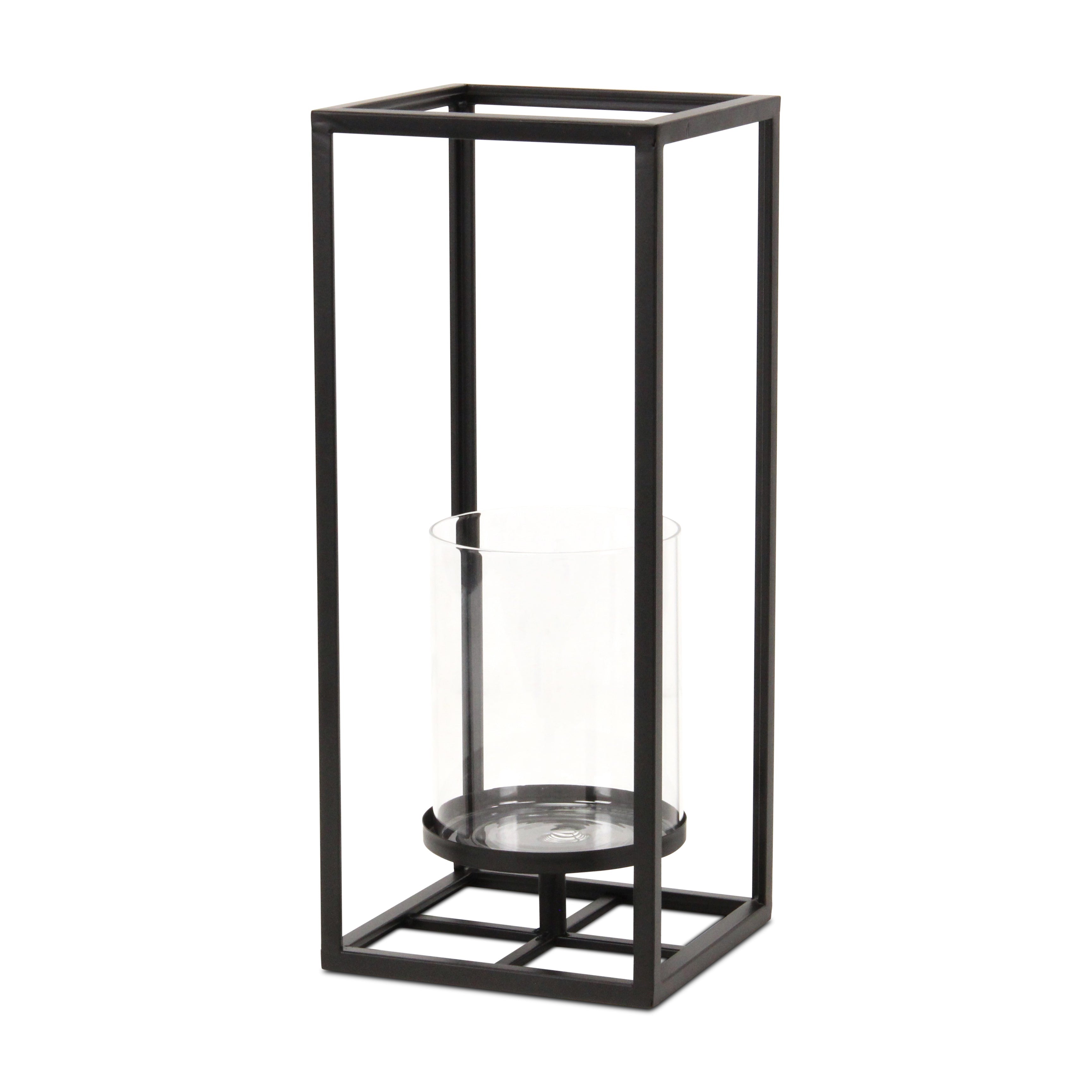 16" Black And Clear Metal And Glass Tabletop Candle Holder-Candle Holders-DECOROLALA