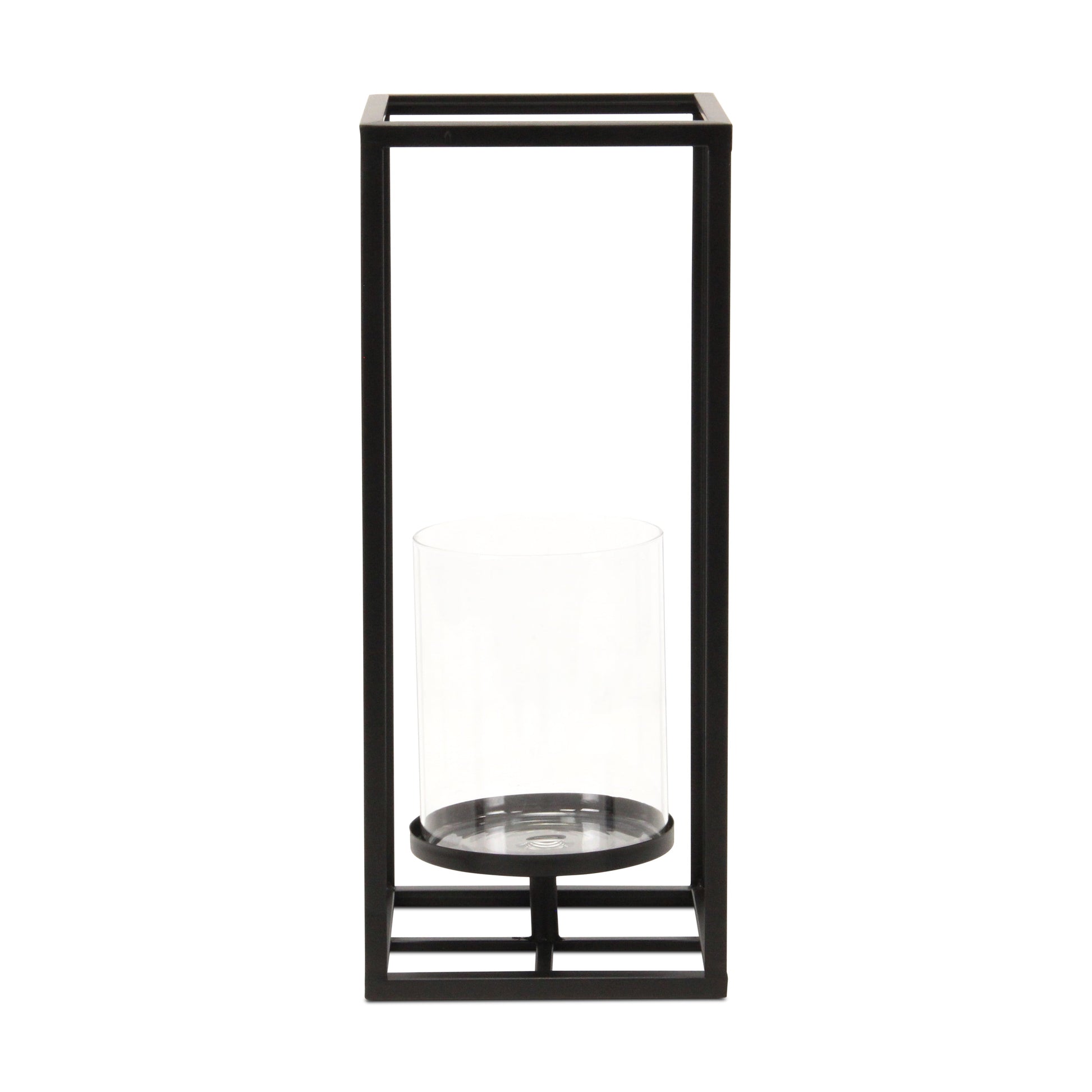 16" Black And Clear Metal And Glass Tabletop Candle Holder-Candle Holders-DECOROLALA