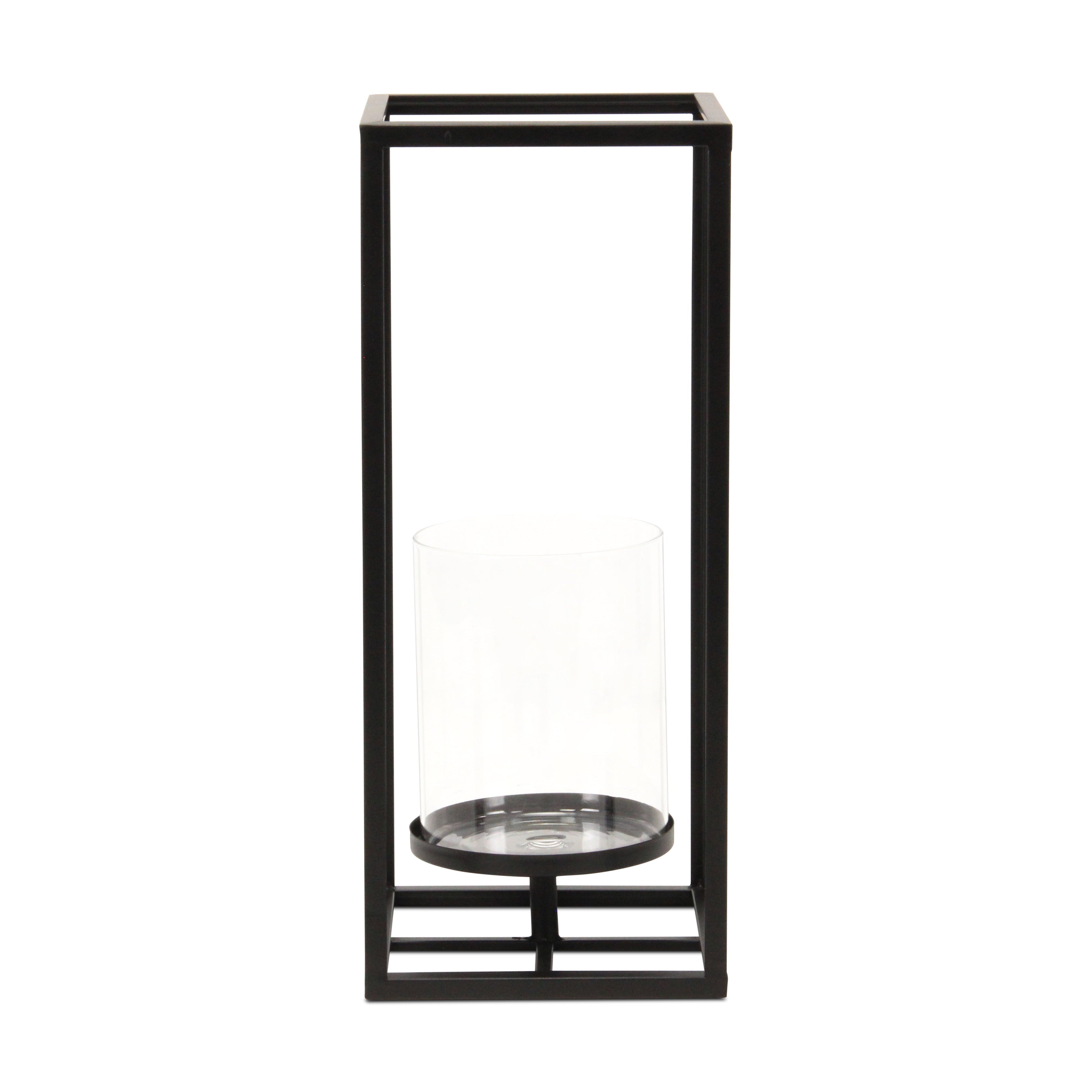 16" Black And Clear Metal And Glass Tabletop Candle Holder-Candle Holders-DECOROLALA