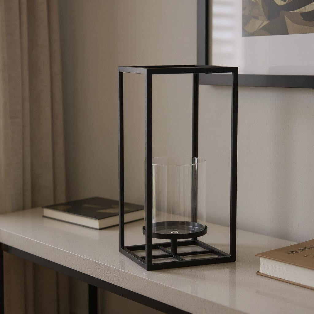 16" Black And Clear Metal And Glass Tabletop Candle Holder-Candle Holders-DECOROLALA