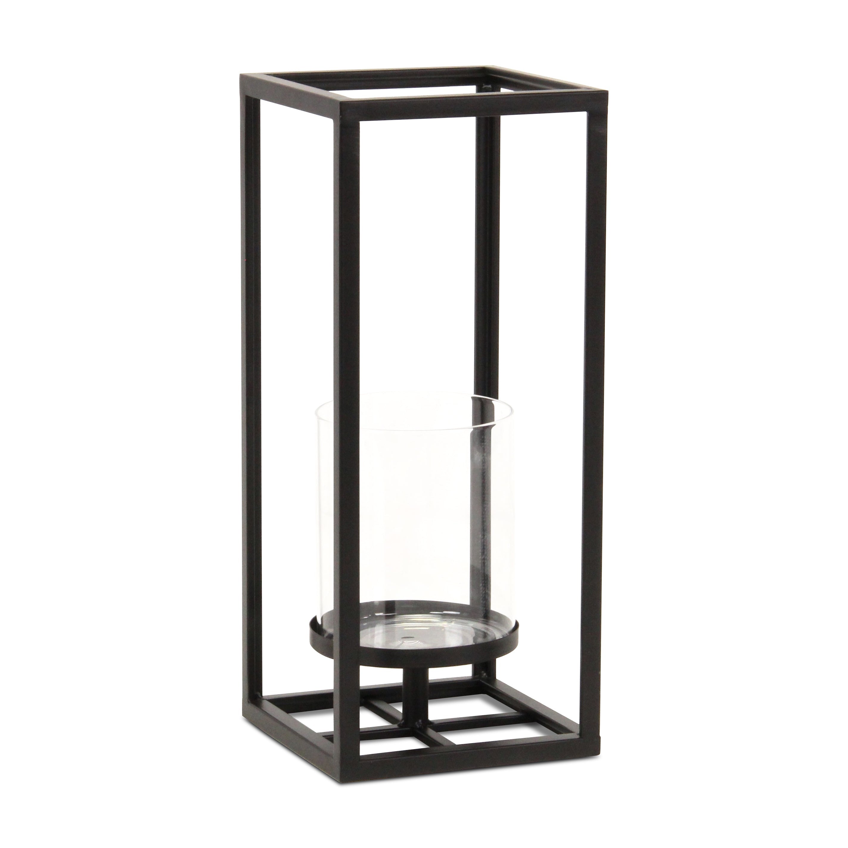 13" Black And Clear Metal And Glass Tabletop Candle Holder-Candle Holders-DECOROLALA