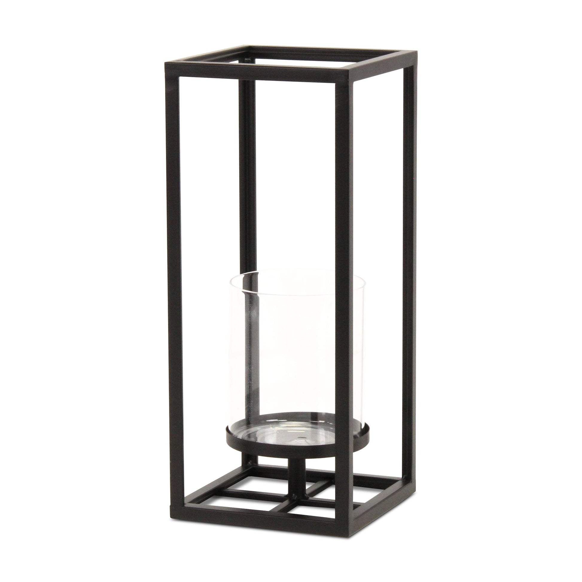 13" Black And Clear Metal And Glass Tabletop Candle Holder-Candle Holders-DECOROLALA