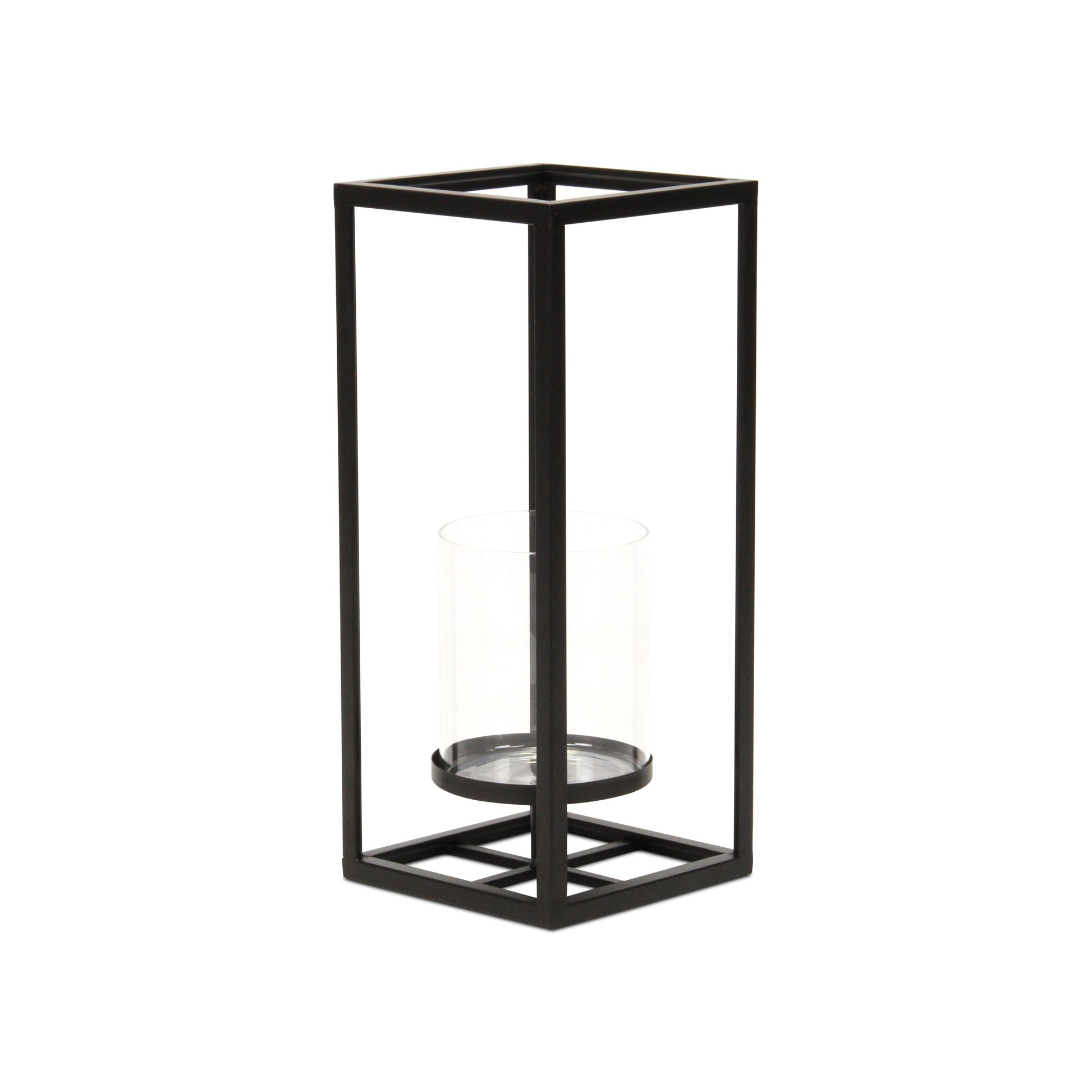 13" Black And Clear Metal And Glass Tabletop Candle Holder-Candle Holders-DECOROLALA