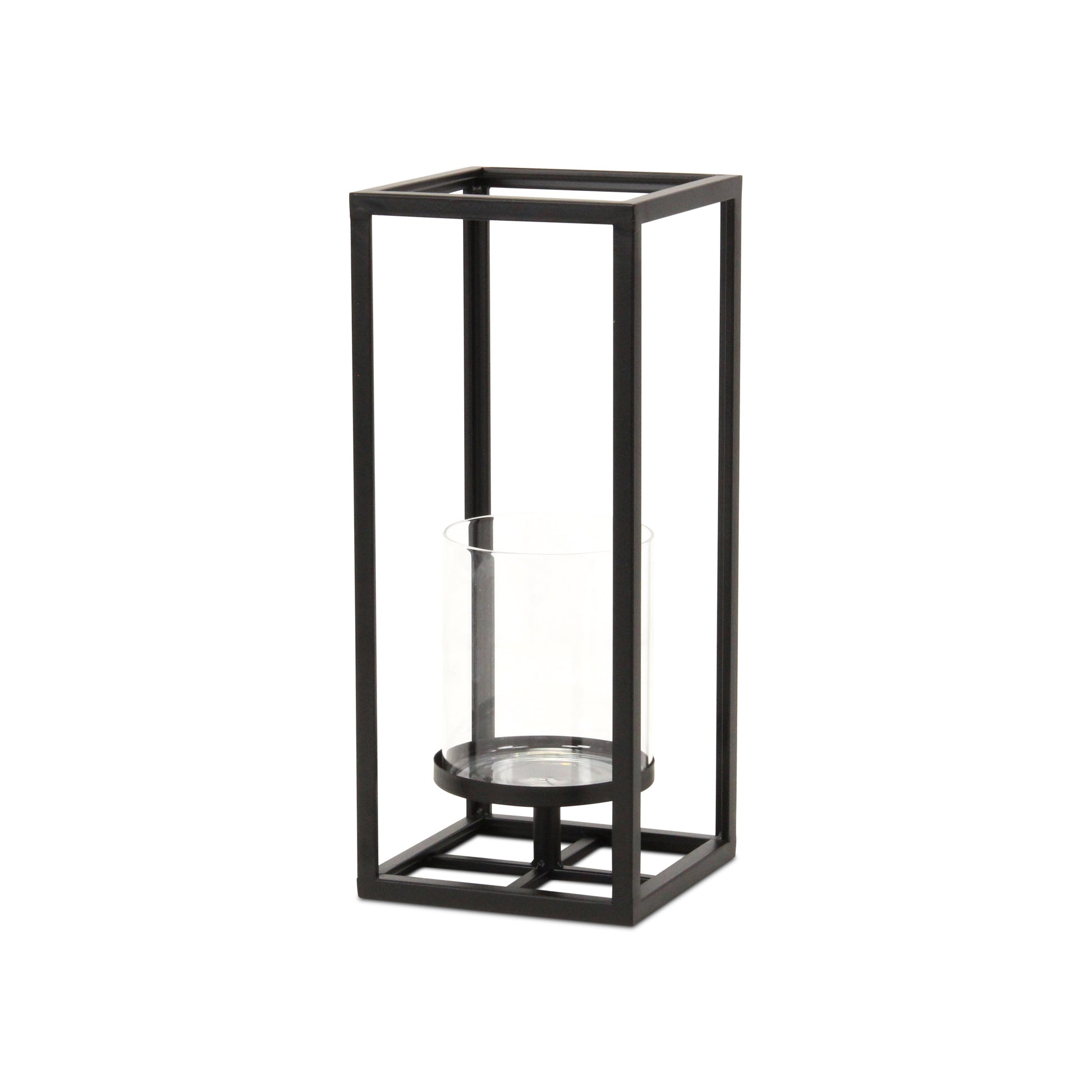 13" Black And Clear Metal And Glass Tabletop Candle Holder-Candle Holders-DECOROLALA