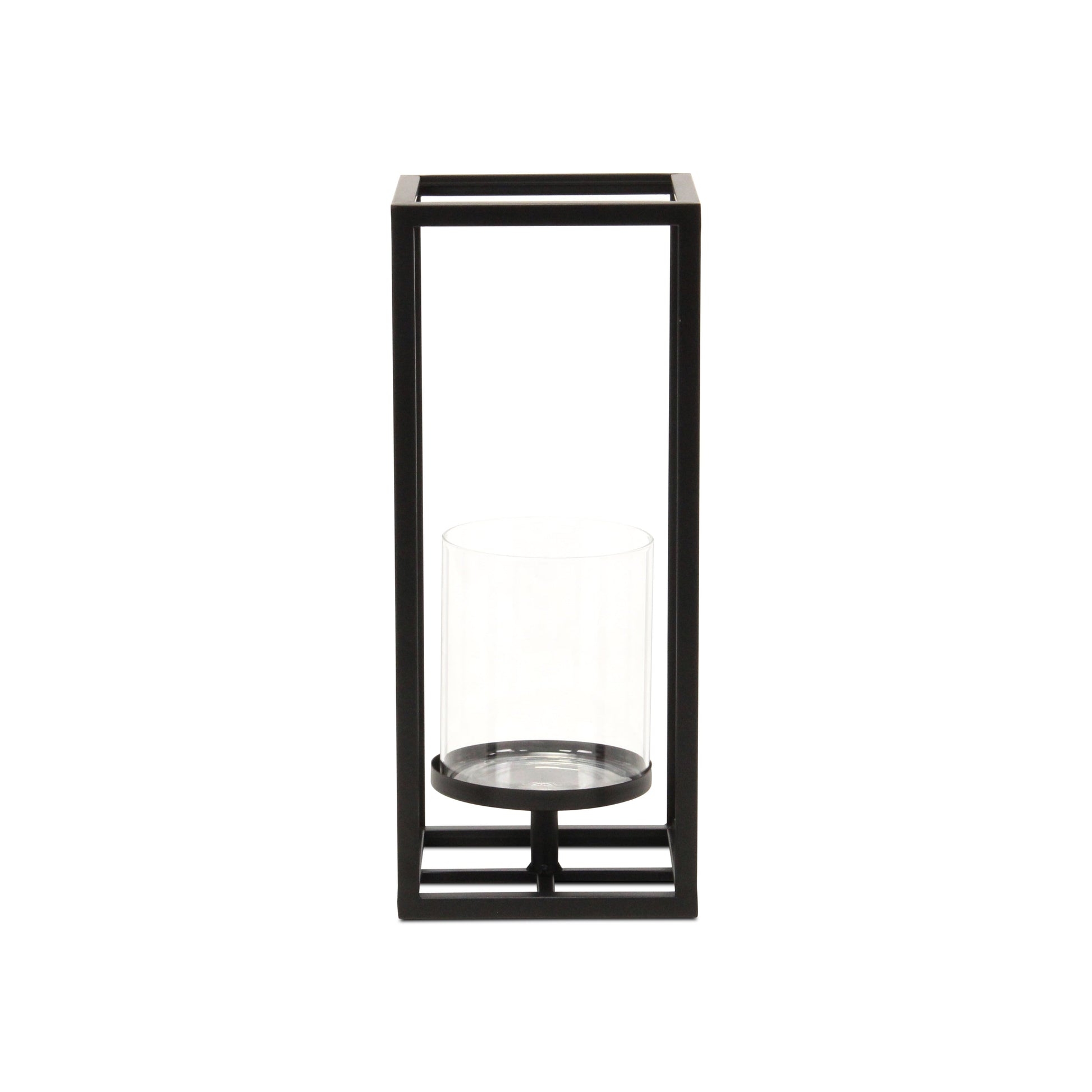 13" Black And Clear Metal And Glass Tabletop Candle Holder-Candle Holders-DECOROLALA